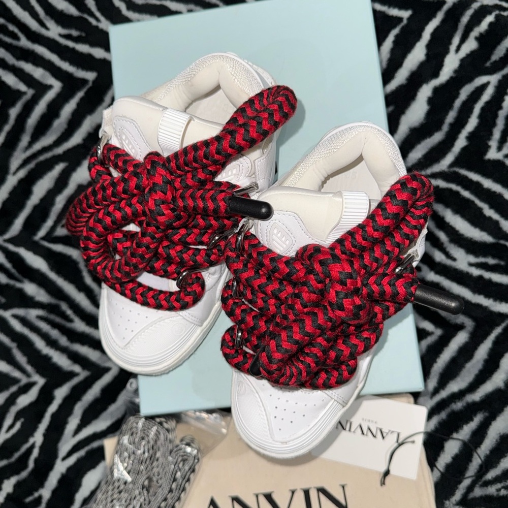 Kids White Sneakers with Red & Black Braided Laces